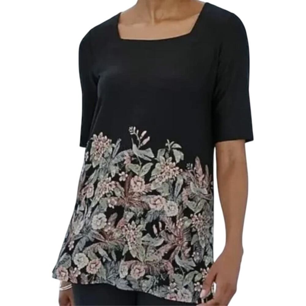 J. Jill Wearever Collection Floral Humming Bird Top Womens XL Black Tunic Tee